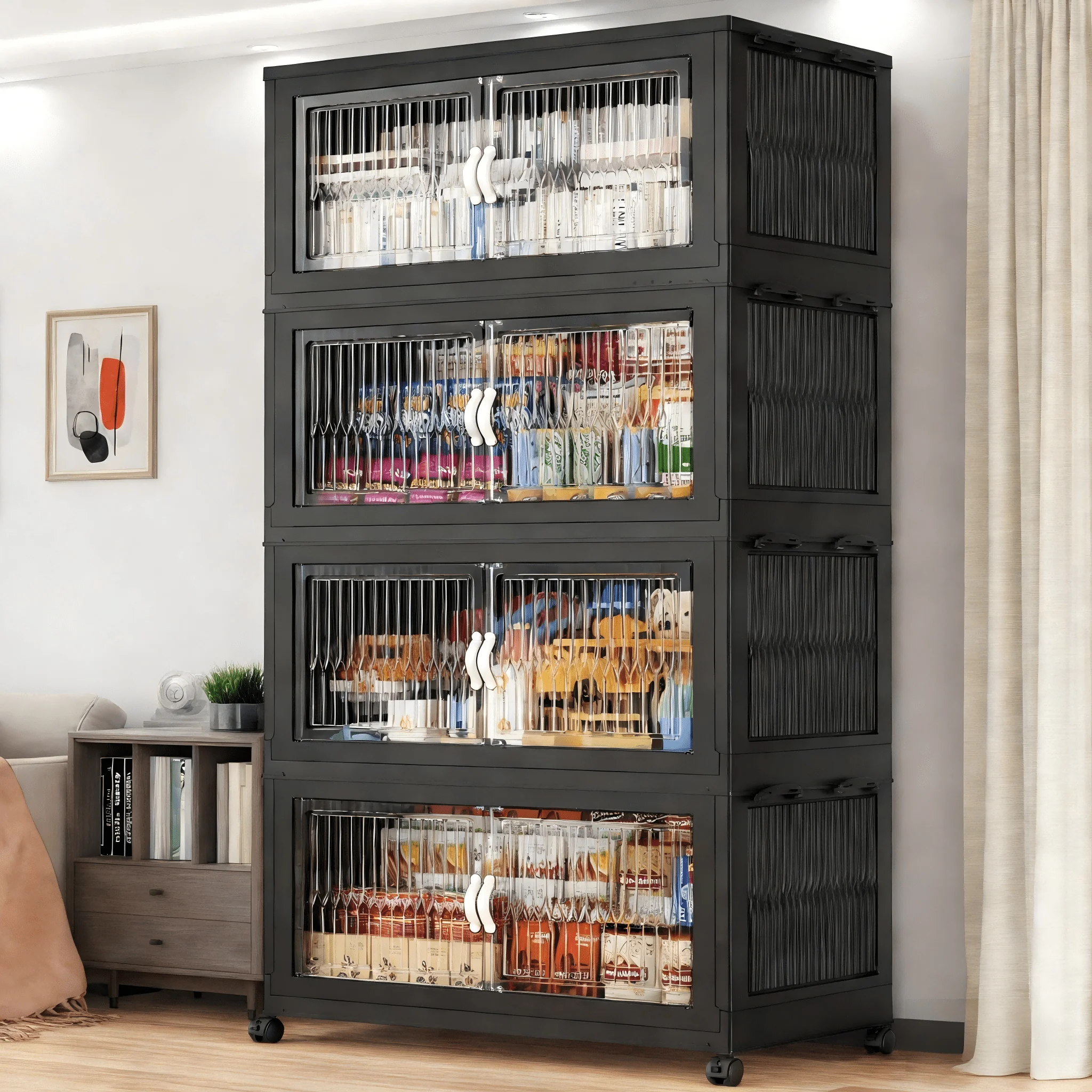 5‑Tier Foldable Plastic Storage Bins with Wheels, Lids & Front Doors, Stackable Closet Storage Organizer Cabinet for Clothes, Toys, Bedroom, Kitchen & Pantry