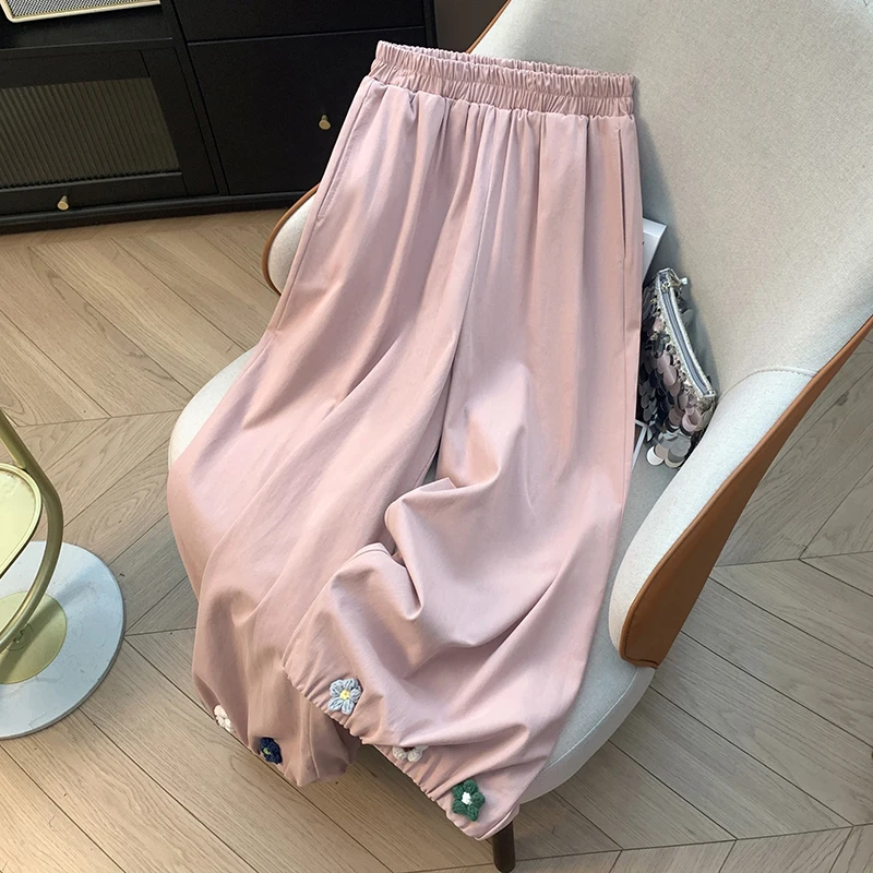 

Летние свободные хлопковые брюки с высокой талией и широкими штанинами, с цветочной вышивкой и ажурным дизайном, повседневные брюки для женщин в винтажном стиле