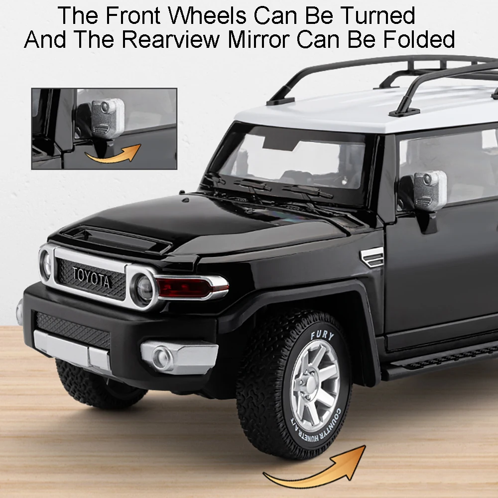 รถโมเดลของเล่น FJ Cruiser Tacoma ขนาด 1:24 รถออฟโรด ผลิตจากโลหะผสม พร้อมเสียง ไฟ ประตูเปิดได้ ระบบดึงกลับ โช้คอัพ รุ่นตกแต่ง