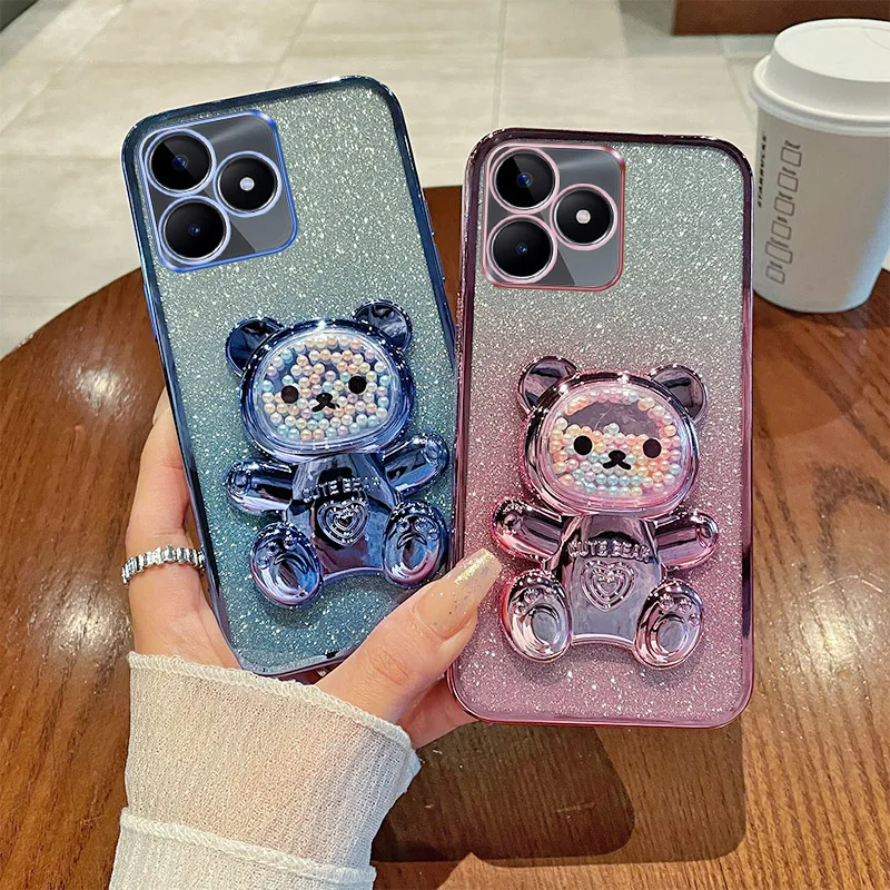 For Realme Note 50 Case Soft Silicone Bling Shockproof Electroplated TPU Cell Phone Casing For RMX3834 Back Cover Bear Stand