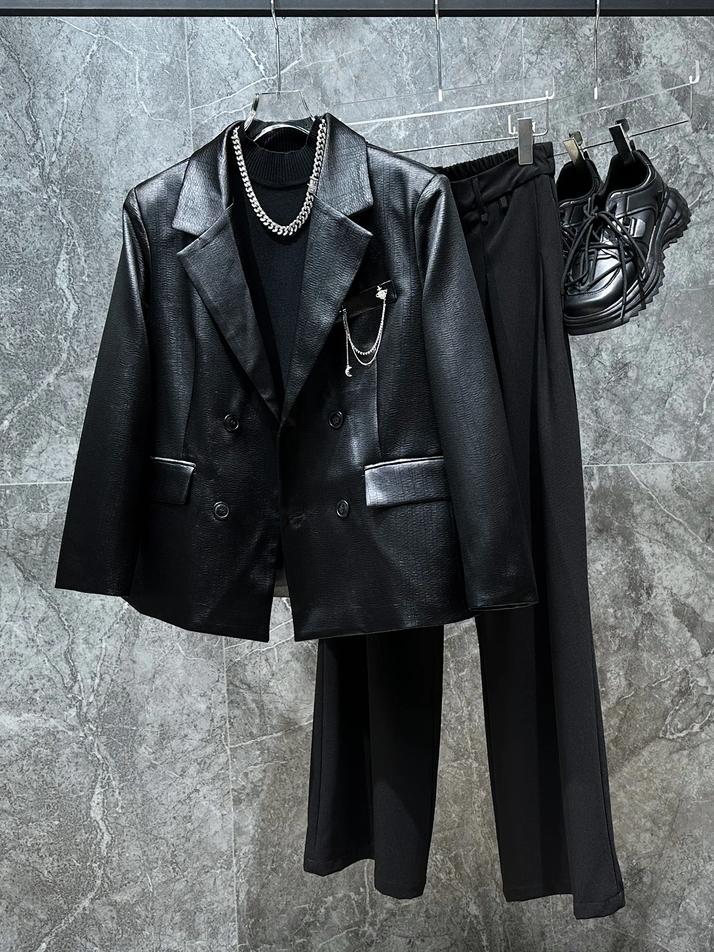 

Casual Loose Double Row Button Korean Sle Men's Jaet Faionable Haome Design Autumn Season Long Sve Color