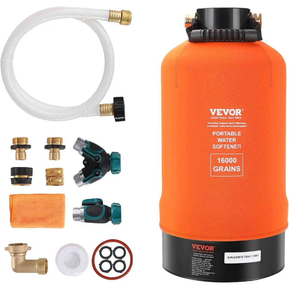 

VEVOR RV Water Softener, 16,000 Grain Portable Water Softener, with 3/4" Brass Fittings and 42" Hose, Soften Hard Water Filter S