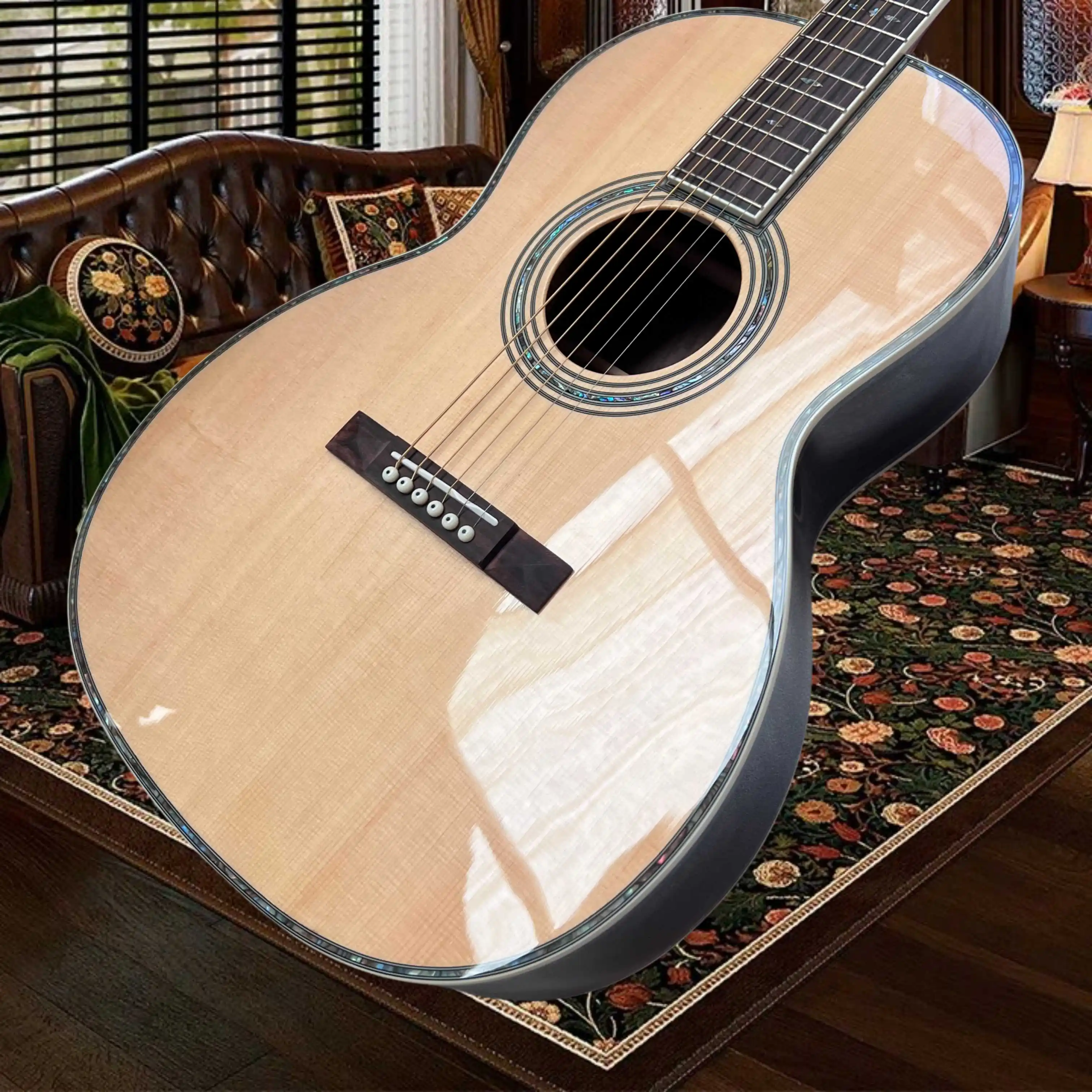 00042 Natural Acoustic Guitar OM Body Style Abalone Shell Binding Rosewood Back Sides Clear Bright Tone Fingerstyle Players Solo