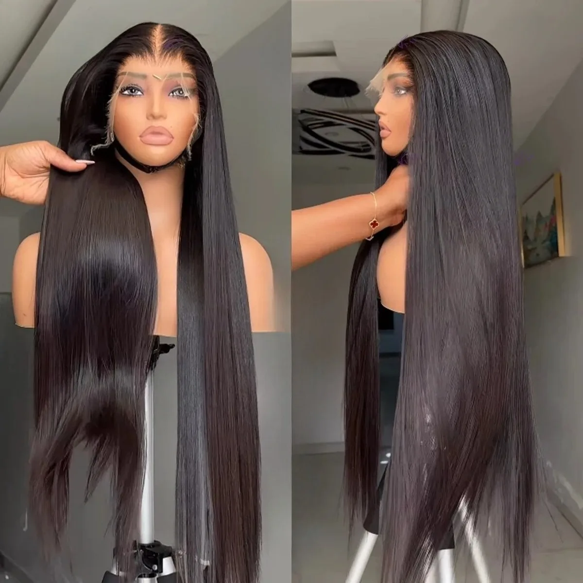 Black Bone Straight Wig HD13x4 Synthetic Frontal Lace Wig Natural M Shaped Hairline Glueless Pre Plucked For Women Daily