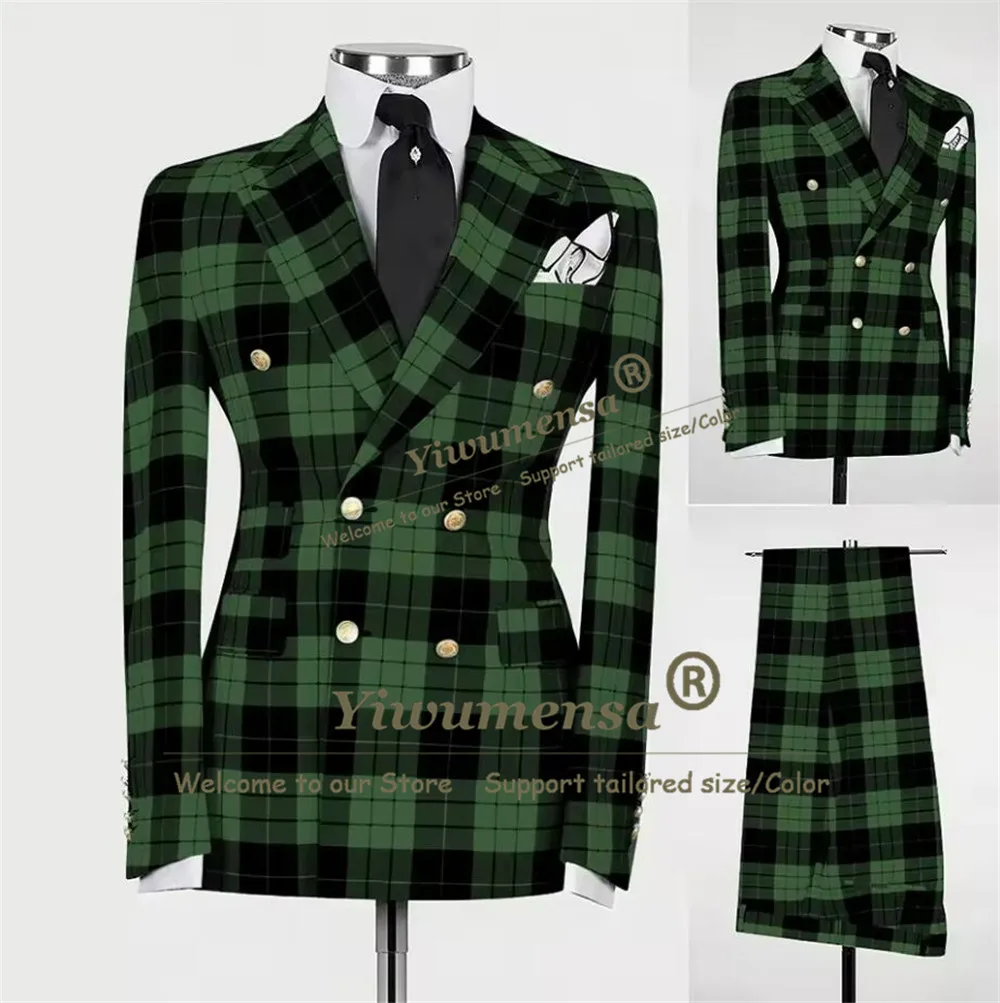 Bridegroom Tuxedo Suit Set For Man Plaid Check Double Breasted Jacket Pants 2 Pieces Smart Casuel Daily Party Outfit Customized
