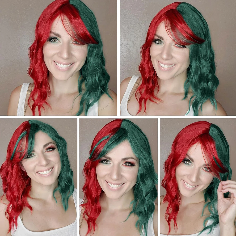 Half Red and Half Green Wig with Bangs for Women, Short Wavy Curly Bob Wig Synthetic Colored Wig Party Cosplay Christmas Wigs