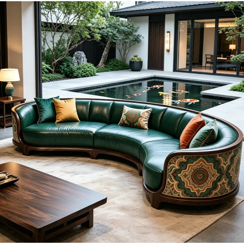 

3 Seater New Chinese Style Solid Wood Living Room Sofas Green Elegant Double Couch High-end Armchairs Furniture Accessories