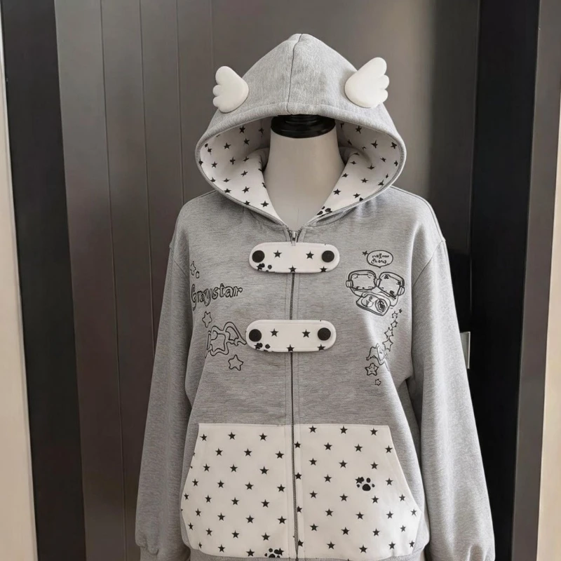 Japanese Subculture Long Sleeve Cute Hoodie Women Casual Y2k Vintage Kawaii Versatile Sweatshirt Autumn Winter Cartoon Dot
