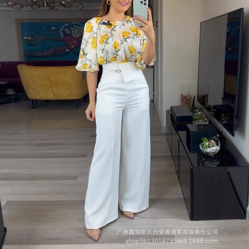 

Pant Set Women Two Piece Sets Round Neck Flare Sleeve Print Floral Tops Wide Leg Long Pants High Waist Y2k Streetwear Elegant