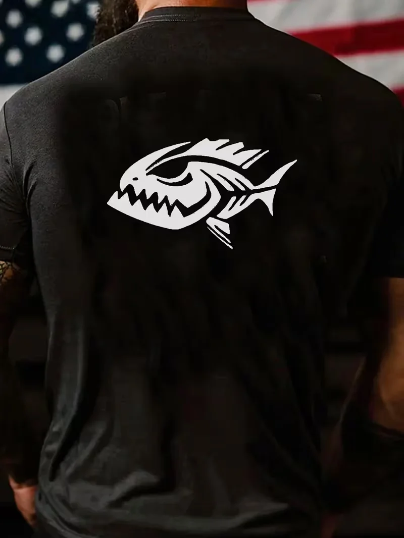 Trendy Tribal Fish Print Crew Neck T-Shirt, Back Graphic Short Sleeve Top, Streetwear Oversized Tee for All Occasions