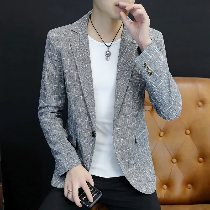

Spring Plaid Men's Casual Suit Sli Hairdrer's Coat Long Sve Stand Fit Polyester Fiber Anti-Wrinkle Regular Length