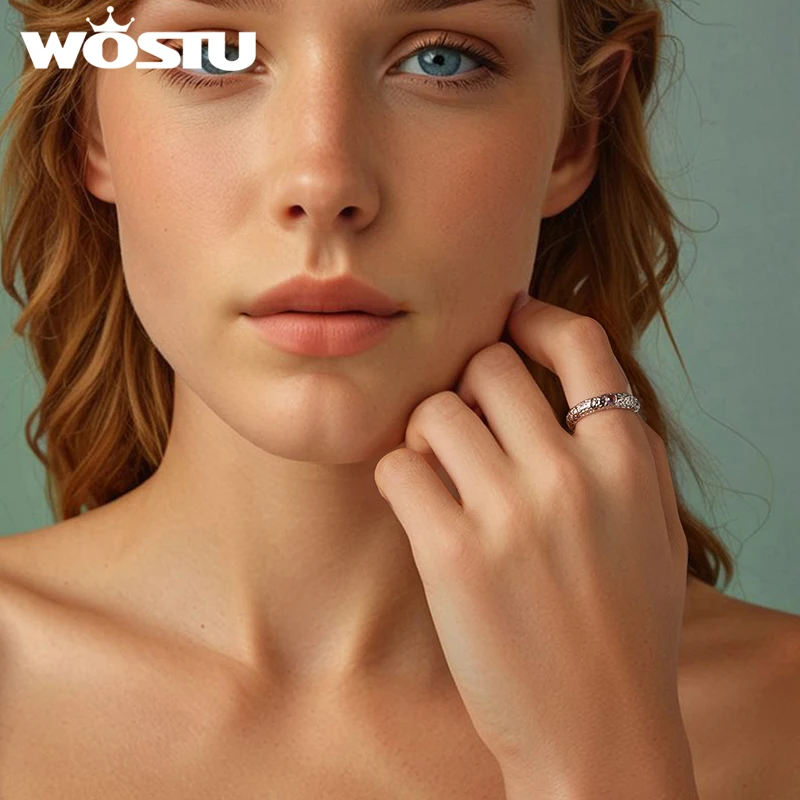 WOSTU 925 Sterling Silver Vintage Textured Wide Wedding Party Ring For Women Rose Crytal Meteor Crater Rings Anniversary Gift