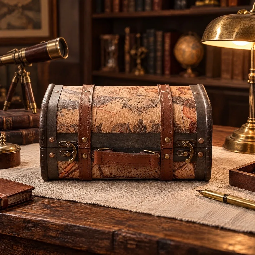 Vintage World Map Wooden Suitcase Leather Trim Storage Box Jewelry Keepsake Chest Home Table Decor Photography