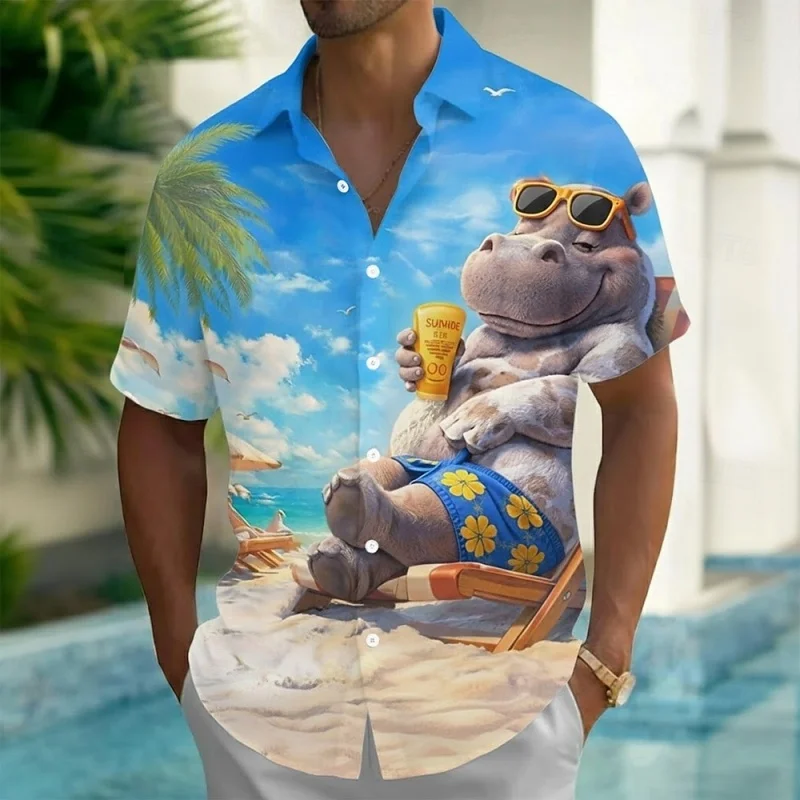 

Hippopotamus Giraffe Pattern Hawaiian Shirt For Men Vacation 3D Print Short Sleeves Summer Street Blouse Surf Beach Aloha Shirts