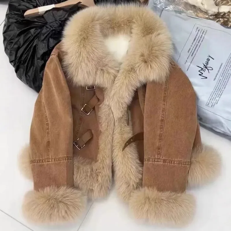 Women's Cotton Jacket Coat Faux Fur Top Fashionable Autumn French Brown Plush Oversized Loose And Thick Polo Neck Coat Top New