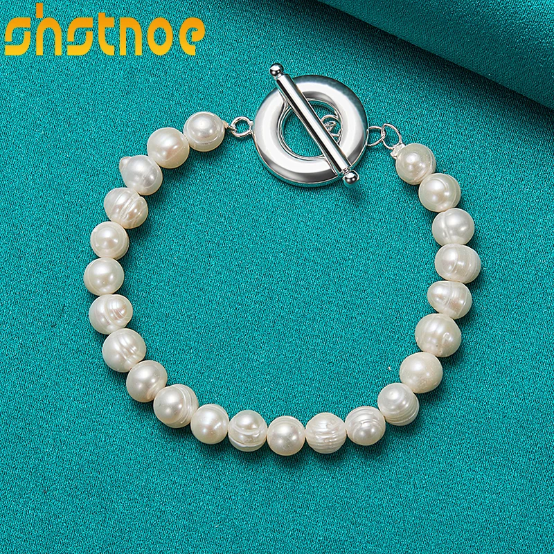 925 Sterling Silver OT Buckle White Artificial Pearls Chain Bracelet Women Party Engagement Wedding Gift Fashion Charm Jewelry