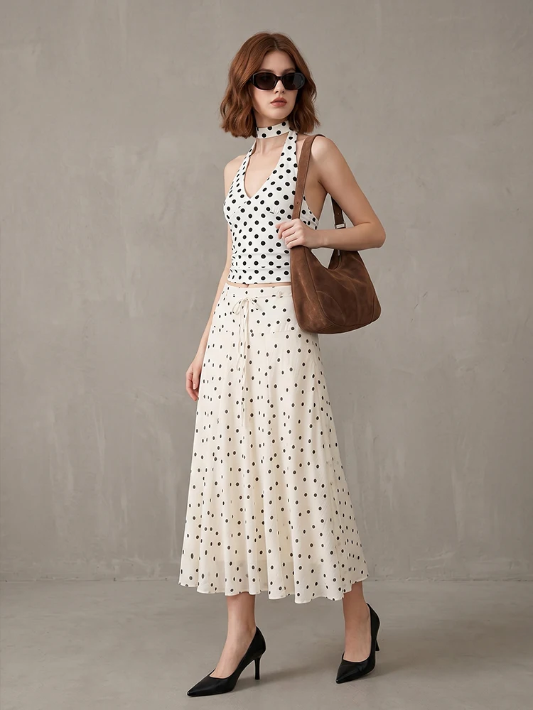 HH Minimalist Elegant White Polka Dot Skirt Drawstring High Waist Tiered A Line Skirt Summer Business Casual Office Weekend Wear