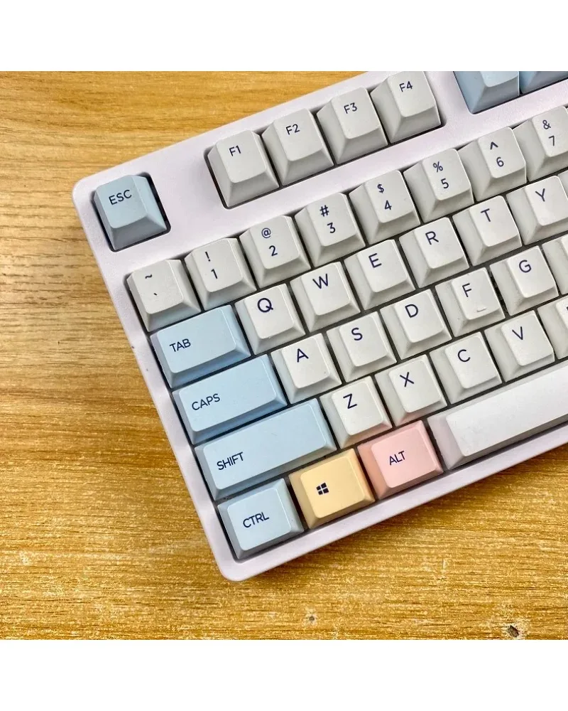 light blue cream yellow and pink color block pbt dye sub keycaps full set oem profile for mechanical keyboards