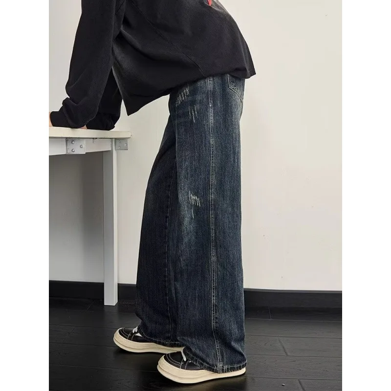 

Dark Blue Retro Jeans Men's Scratched Loose Straight Wide Leg Pants High Street Long Pants