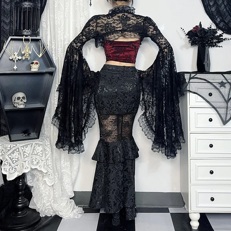 Top corto de malla transparente para mujer, blusa Sexy de manga acampanada, cubierta de encaje clásica gótica Y2k, traje Rave negro para Festival