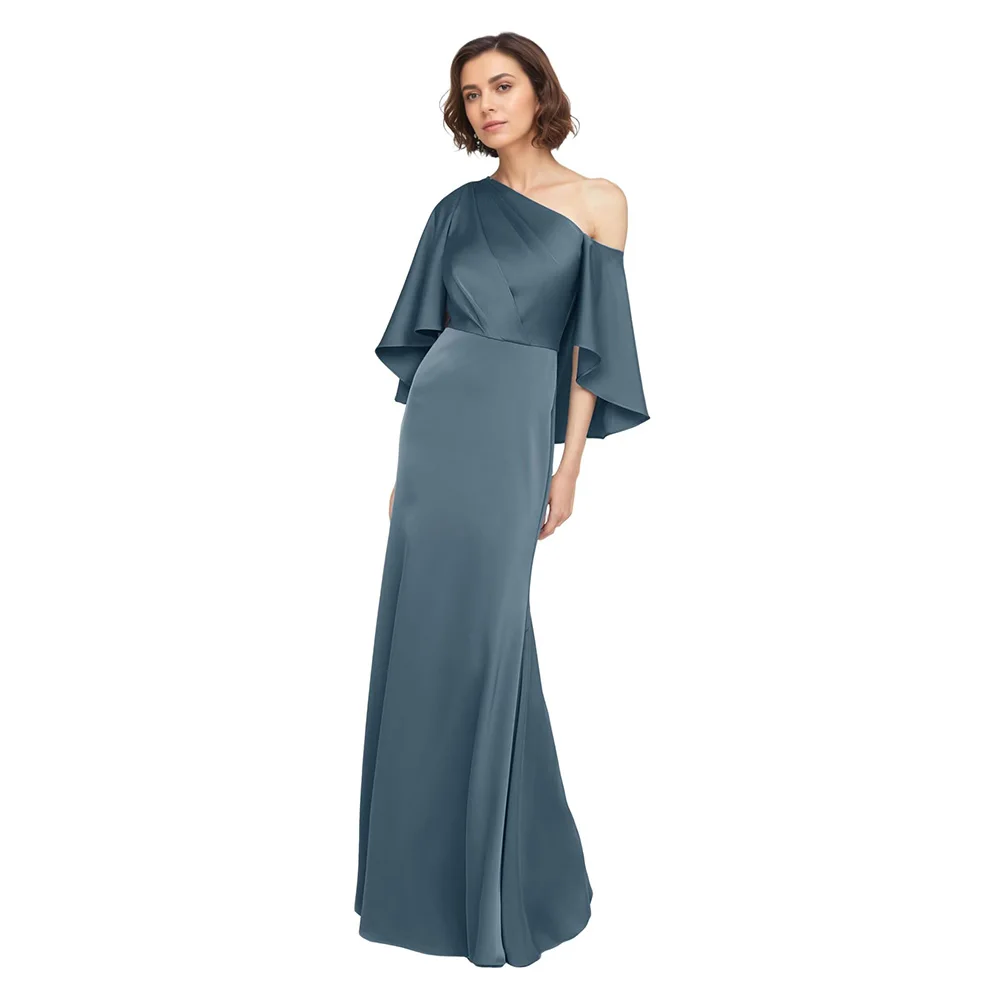 

Customized Elegant One Shoulder Satin Mother of The Bride Dresses with Cape Sleeves Women Long Formal Evening Gowns 2025