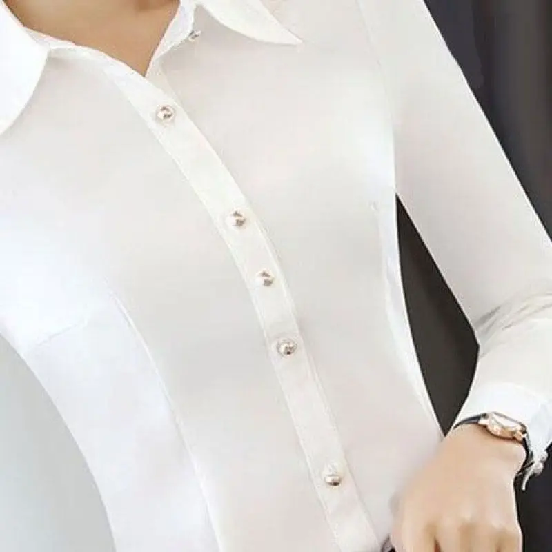 Spring Autumn New Women's Solid Color Polo-Neck Button Fashion Long Sleeve Slim Fit and Versatile Korean Professional Shirt Top