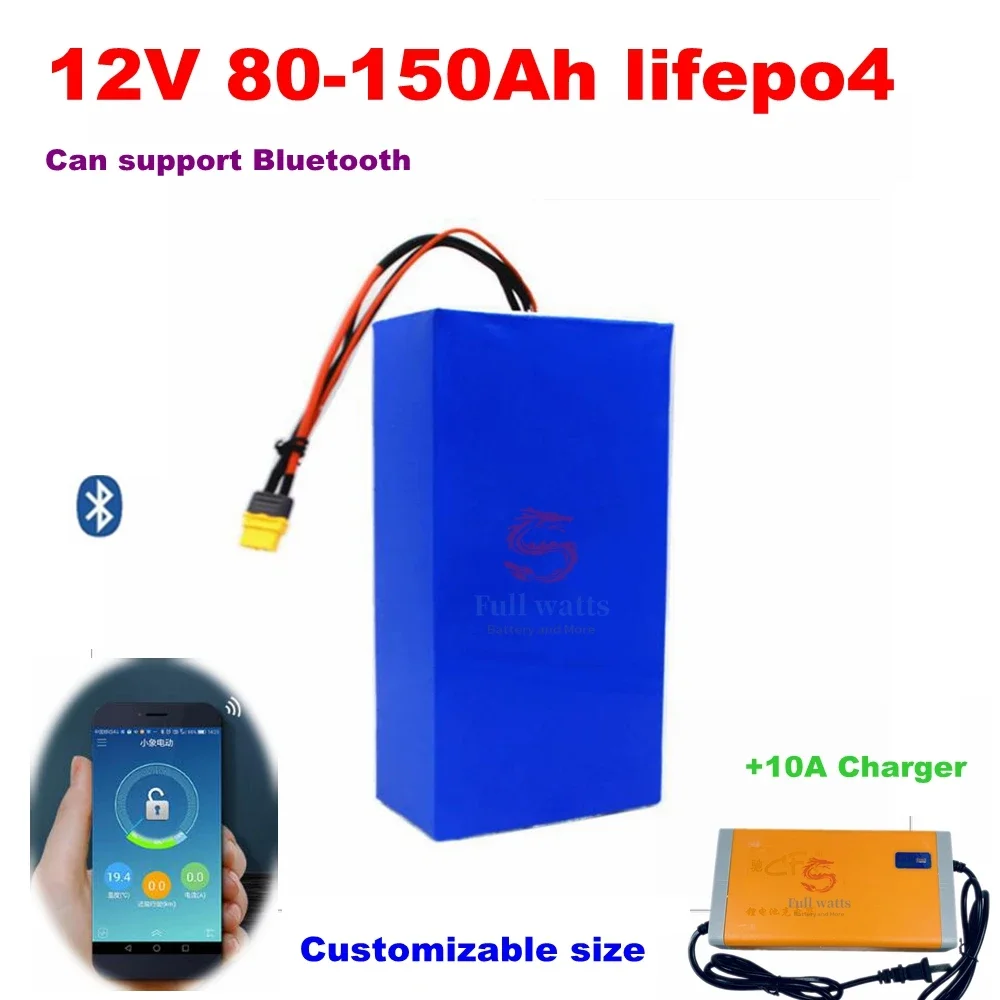 Bateria de lítio com Bluetooth BMS App, LiFePO4, 12.8V, 100Ah, 120Ah, 80Ah, para a caravana, barco, energia solar, 10A carregador, 12V, 1200W