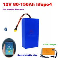 lifepo4 12.8v 100AH lithium battery bluetooth BMS APP 12V 100Ah 120Ah 80Ah for 1200W caravan boat Solar energy + 10A charger