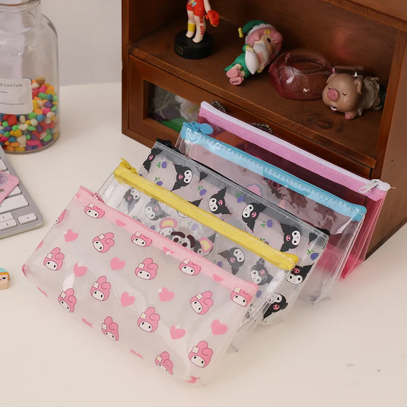 Kawaii Sanrio Pencil Bag Melody Kuromi Snack Transparent Pen Bag Student Storage Zipper Bag School Supplies Children Stationery