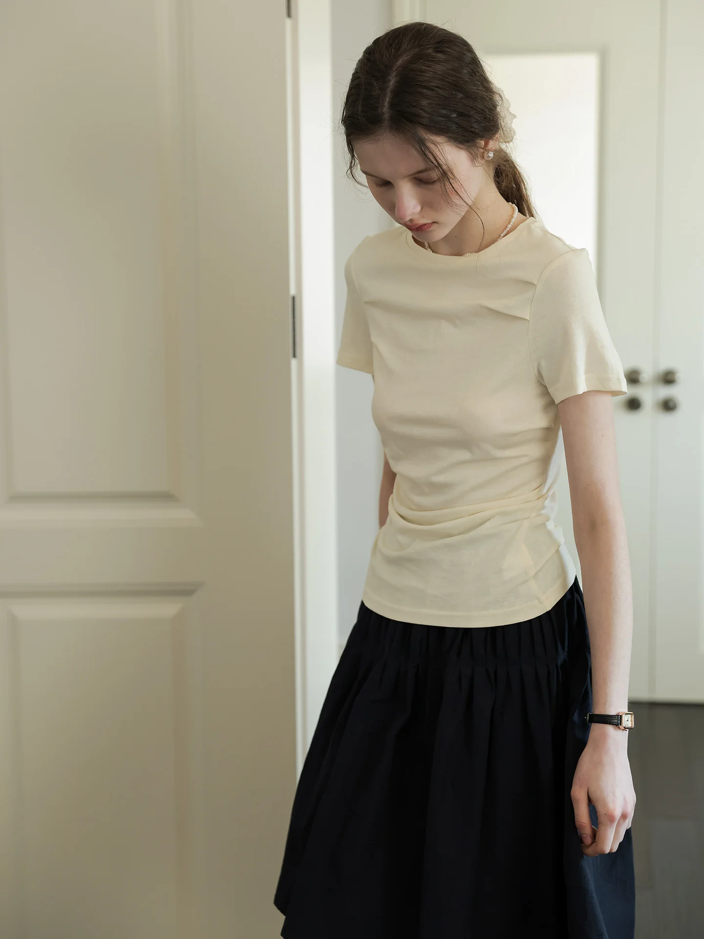 

Spring Comfortable Bamboo Cotton round Neck Short Sleeve T-Shirt Women Summer Design Waist Inward Fold Casual Slim Fit Top
