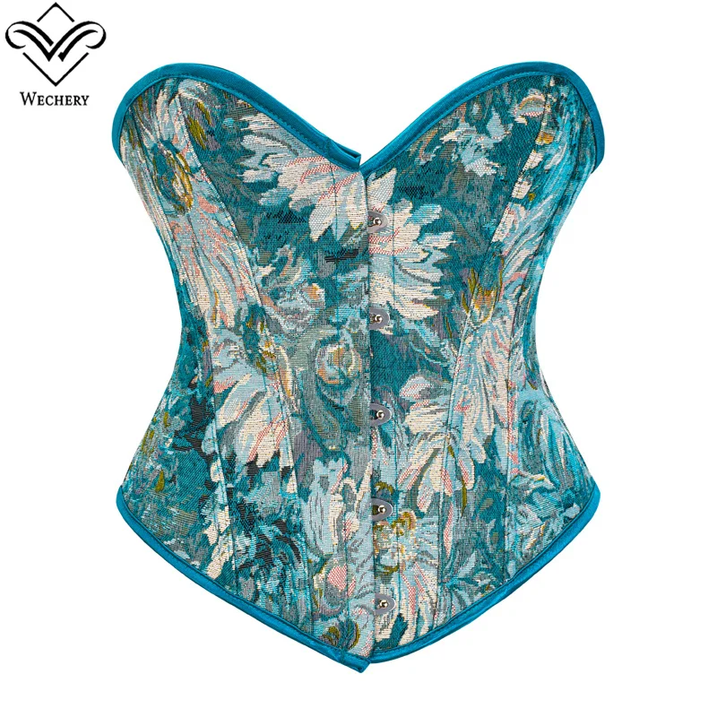 

Wechery Overbust Corset Green Floral Bustier Girdle Women Party Waist Trainer Bodice Slimming Sheath Corselet Tops Adjustable