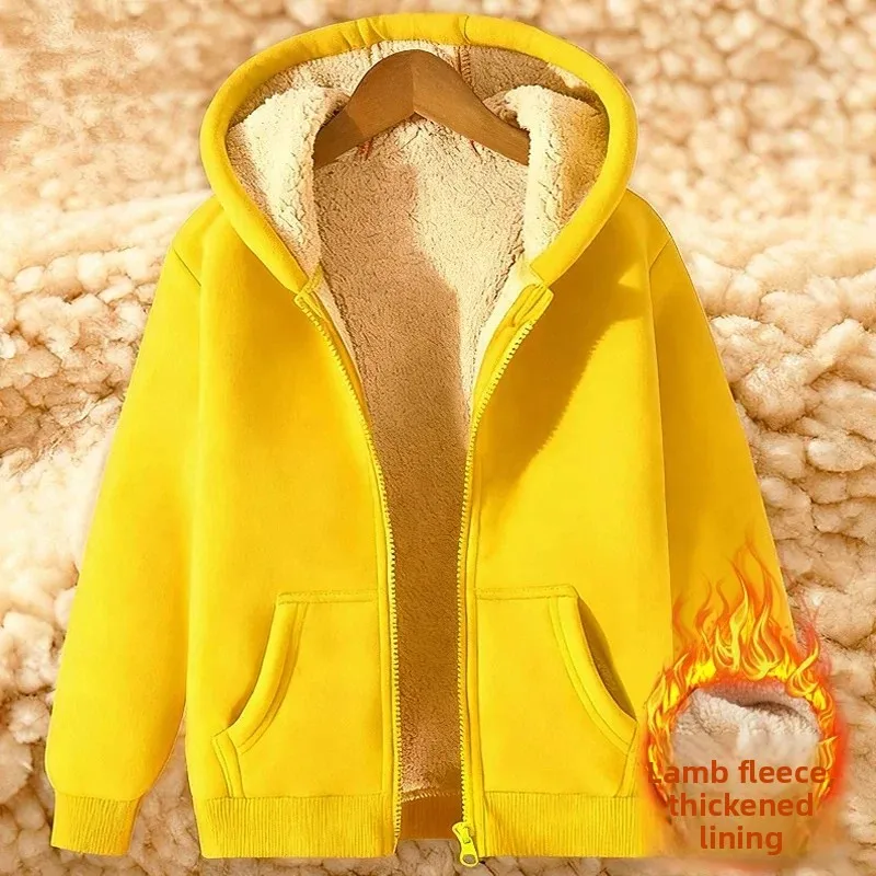 Ladies Fleece Lined Thickened Lamb Velvet Open Cardigan Hooded Zipper Warm Large Size Loose Casual Outerwear Trendy