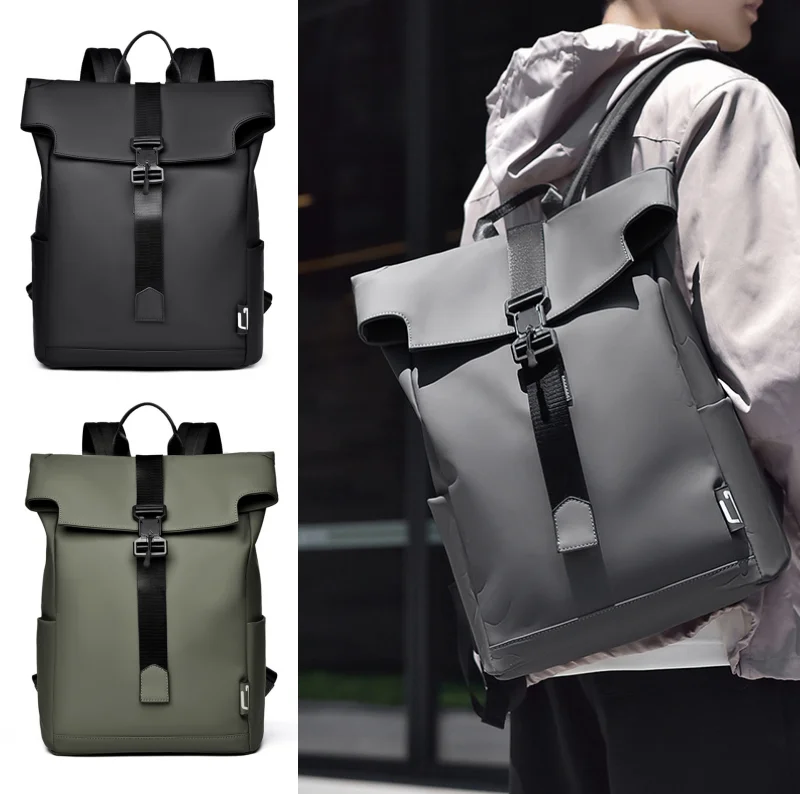 

New Men's Flip Cover Magnetic Buckle Backpack, Casual Outdoor Travel Backpack, Multi-functional Large-capacity Computer Backpack