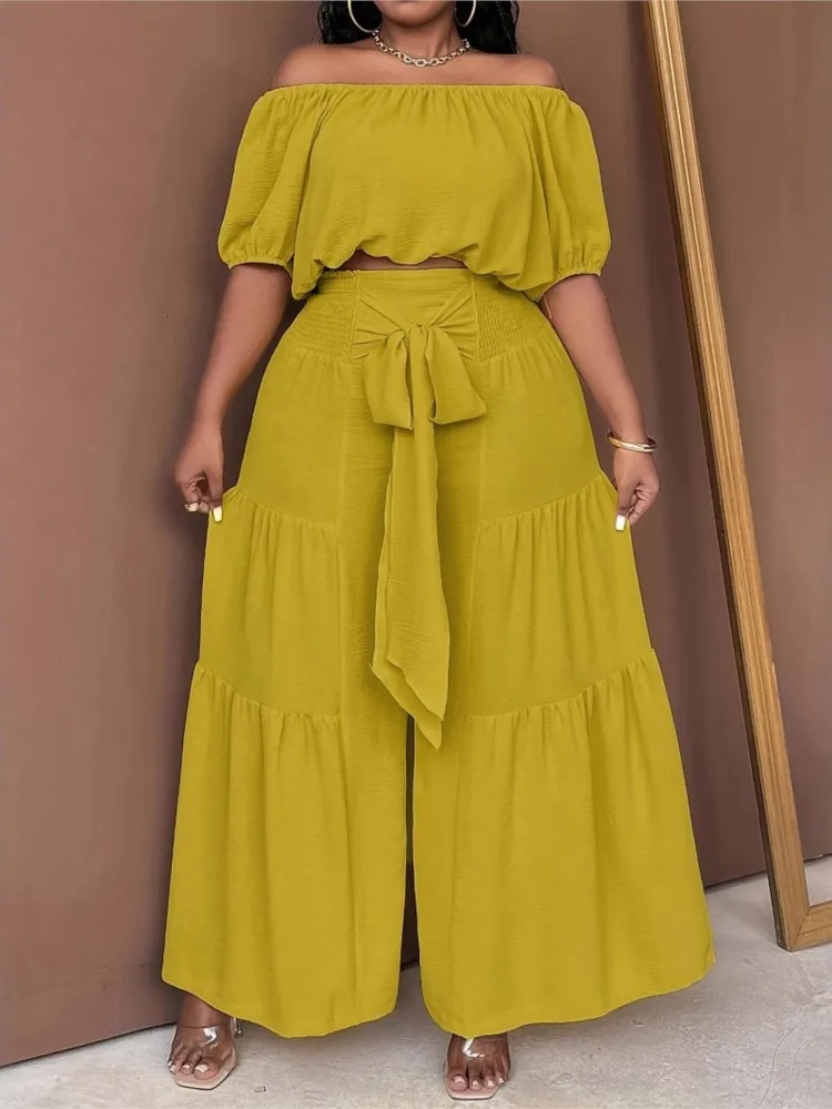 Grande taille été 2 deux pièces ensemble femmes décontracté mode dames recadrée Blouses jambe large ample plissé femme pantalon Long