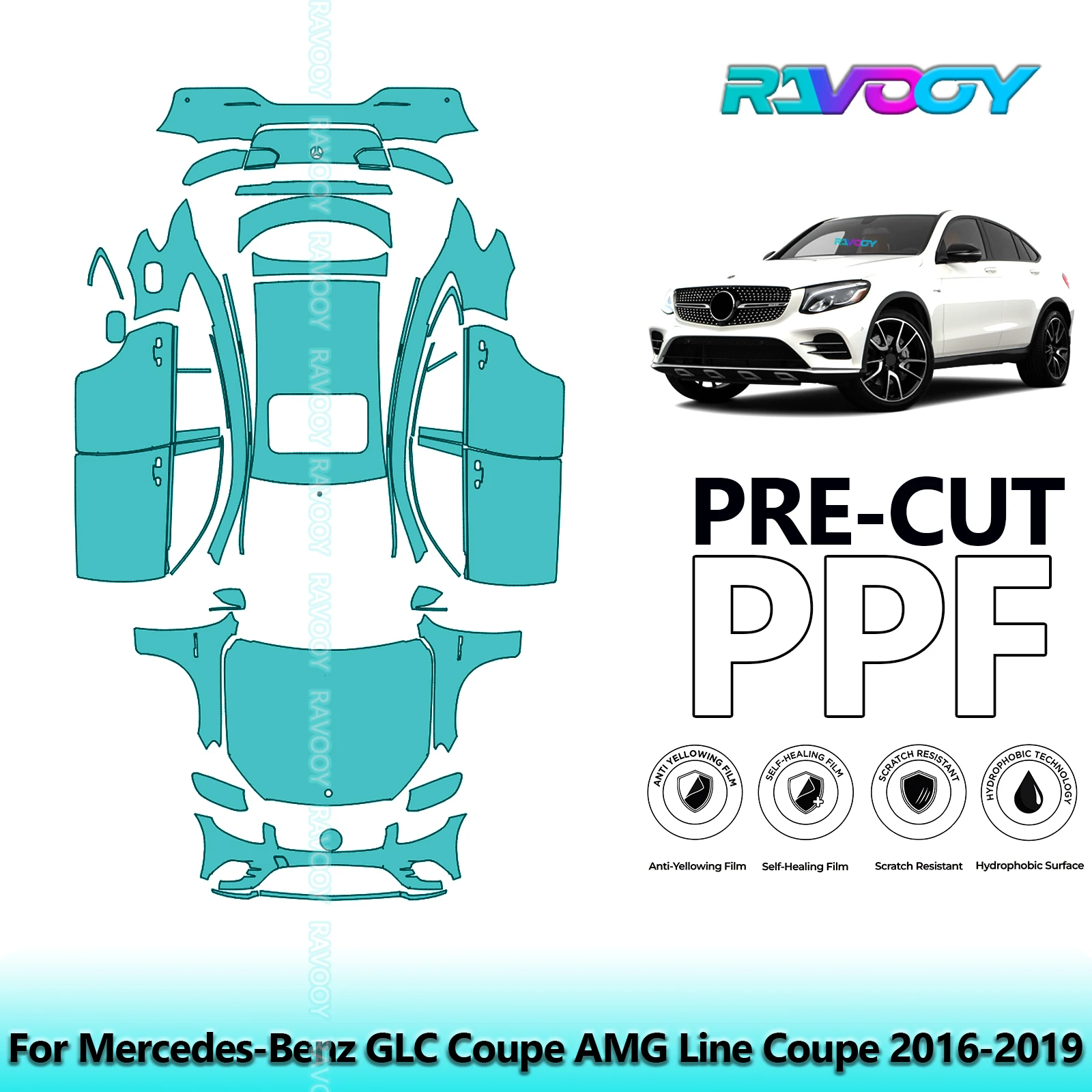 RAVOOY 8.5Mil Custom-Fit Precut TPU PPF Full Vehicle Clear Bra Stone Guard For Mercedes-Benz GLC Coupe AMG Line Coupe 2016-2019