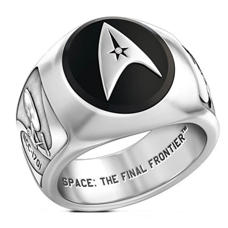 Klassieke Zilveren Kleur Star Trek Zwart Email Ring Voor Mannen Persoonlijkheid Sterrenschip Onderneming Metalen Ringen Fans Cosplay Feest Sieraden