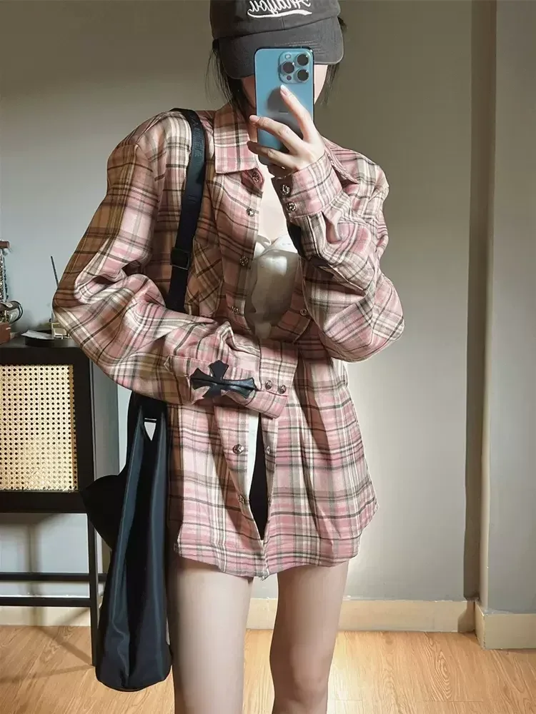 ADAgirl Pink Plaid Shirt Women Cross Button Up Blouses Female High Street Long Sleeve Tops Hippie Autumn Oversize Streetwear Ins