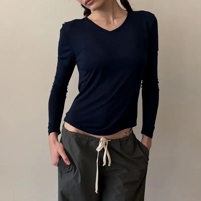 Women's Solid Color Basic V Neck Long Sleeve Shirts Cleanfit Slim Fit Double Lined Going Out Y2K Sprint Fall Knit Top
