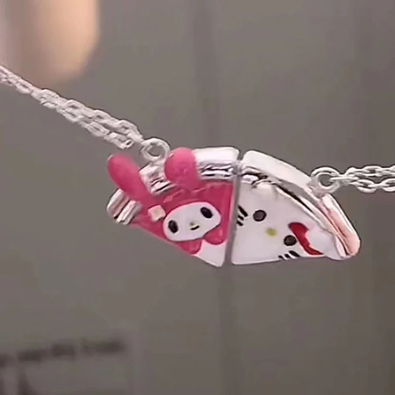 1pc HelloKitty Kulome Pizza Necklace Sanrio Cute Pendant Magnetic Sister Necklace Cartoon Fashion Jewelry Best Friend Gift