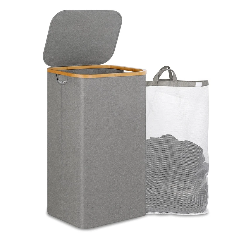 1 Piece 110L Laundry Hamper Collapsible Laundry Basket With Handle And Lid With Removable Inner Bag For Clothes Toys Grey