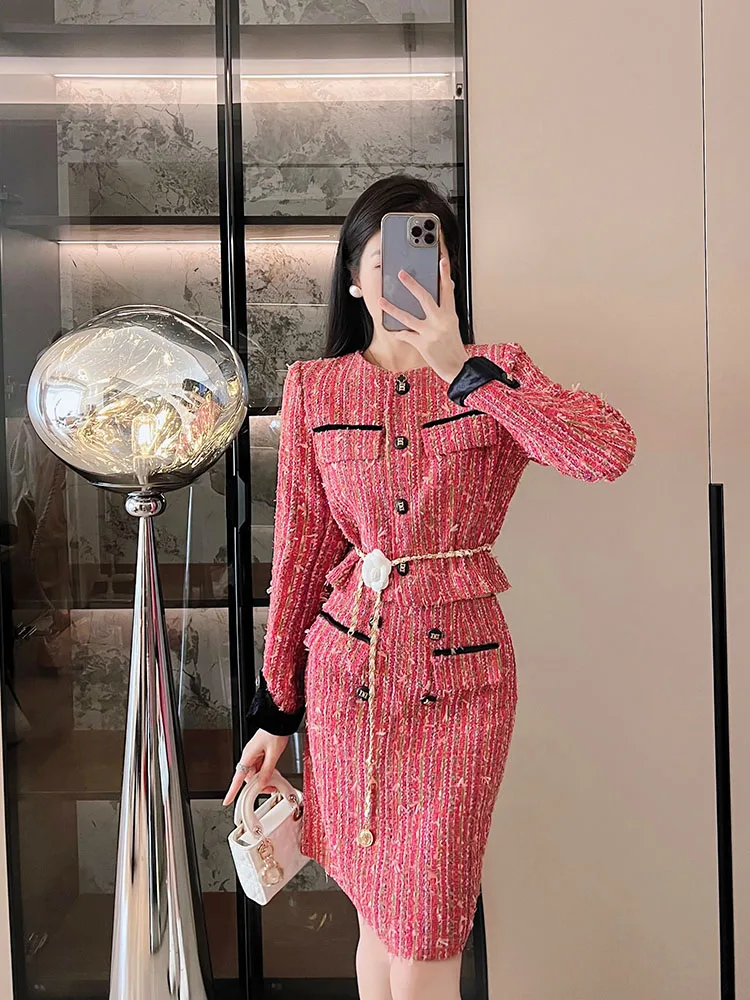 

Ele Lady Small Fraance Sle Set Women's Autumn Winter High-End Feeling Thi Tweed ort Coat Wrap around Skirt T...