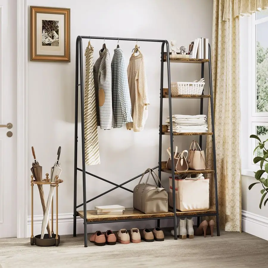 Coat Rack Stand with Shoe Storage, Industrial Hall Tree with 5 Shelves Garment Rack Open Wardrobe Clothes Rail for Bedroom Hall