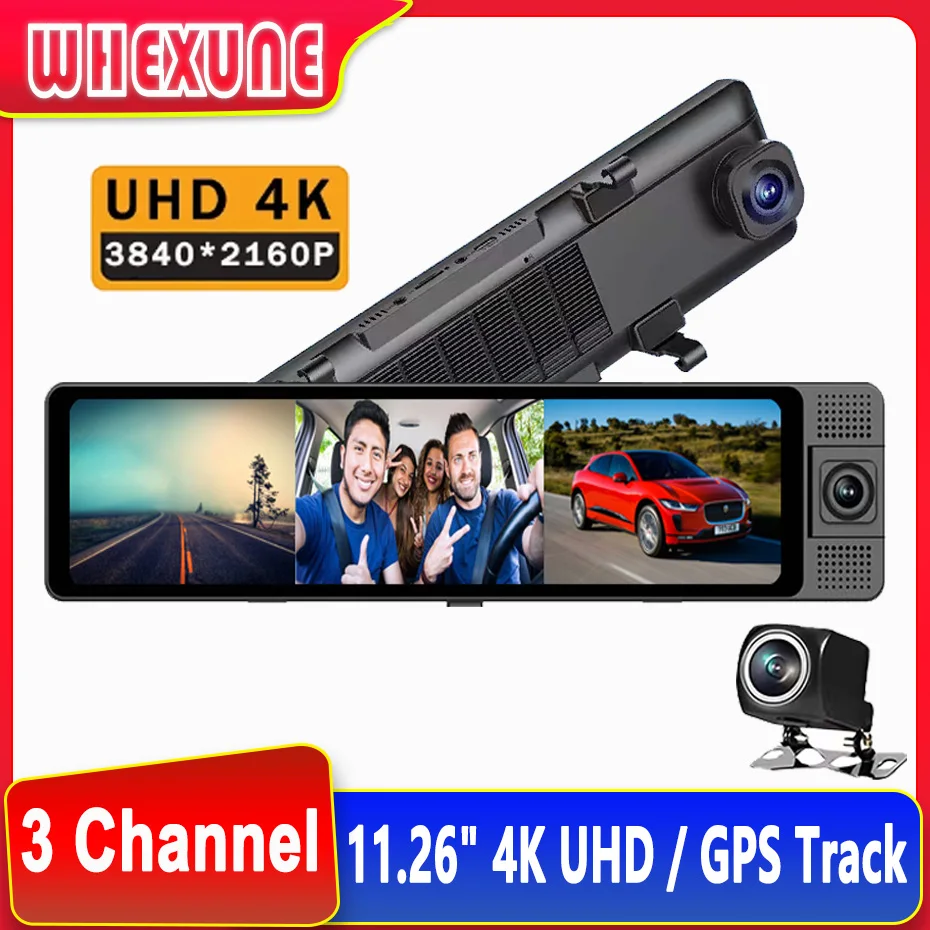 

4K Car DVR Dash Cam 5Ghz WiFi Rearview Mirror 3 Channel Camera Front/Cabin/Rear Cam GPS Track Night Vision 24h Parking Monitor