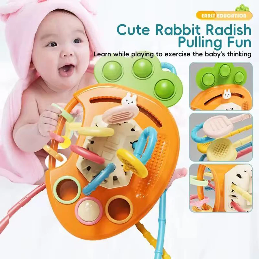 1 Uds.-Montessori juguetes de cuerda para tirar lindo conejo rábano bebés juguetes sensoriales mordedores desarrollo de habilidades motoras finas juguetes regalos para bebés