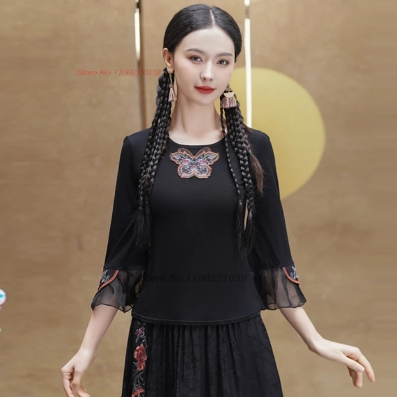 2024 Chinees Traditioneel O-hals Shirt Nationale Bloem Borduren Vintage Shirt Hanfu Tops Oosterse Kant Patchwork Basis Shirt