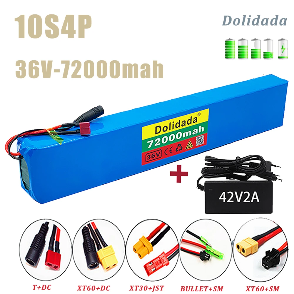 

18650 Battery Pack 10S4P 36V 72000mAh High Power 600W Suitable for Electric Bicycle Lithium Rechargeable Battery with Charger