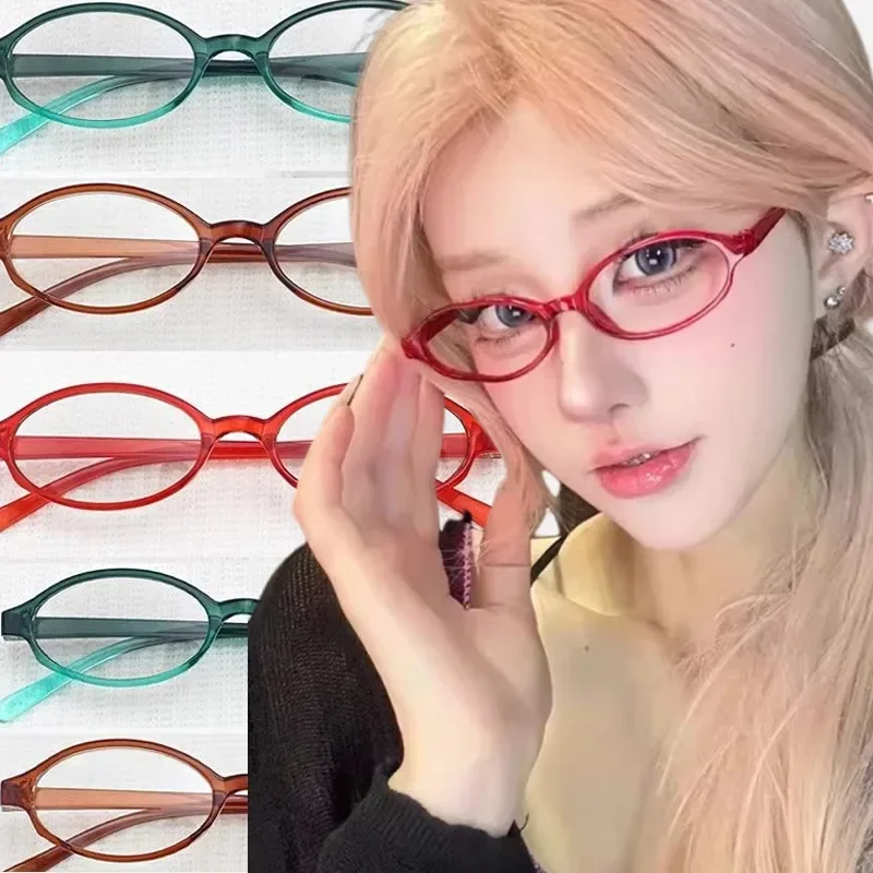 Y2K Women Retro Oval Square Glasses Red Green Frame Glass Eyewear Decorative Computer Anti-blue Eyeglasses with Seaside Driving