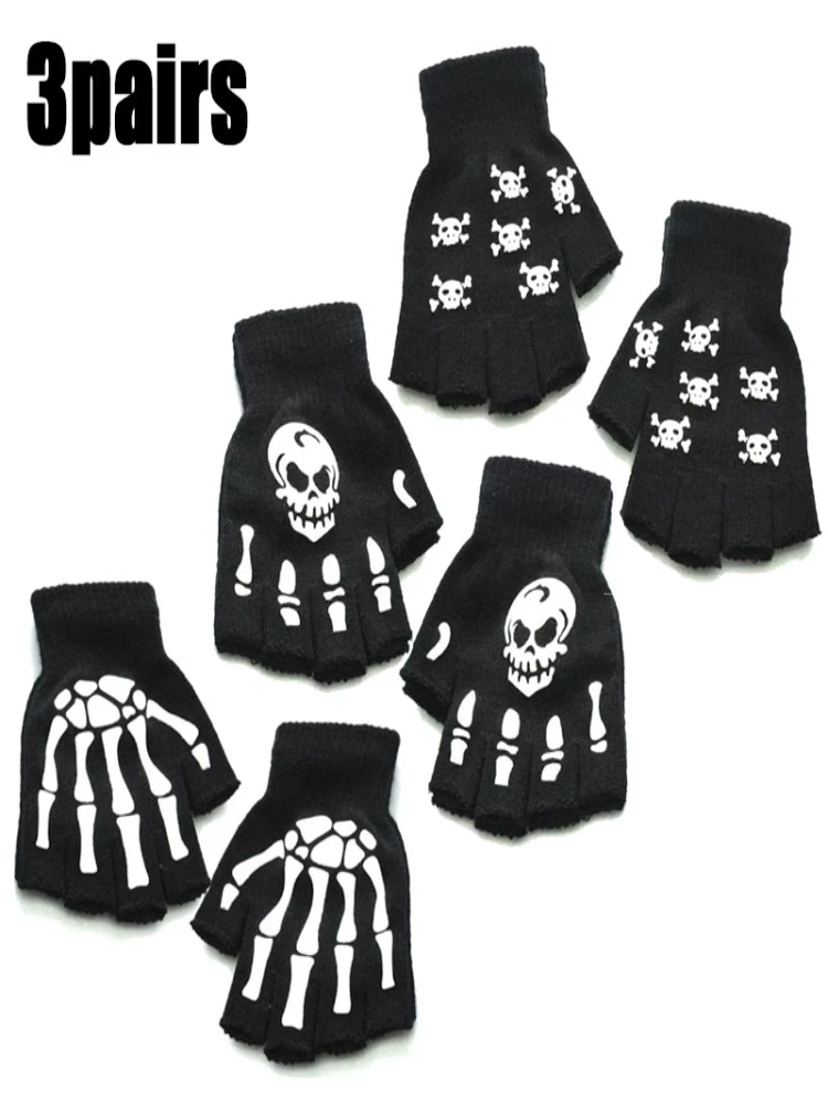 AliExpress 1-3pair Punk Gloves Unisex Halloween Skeleton Skull Half Finger Gloves Glow In The Dark Fingerless Stretch Knitted Winter Mitten