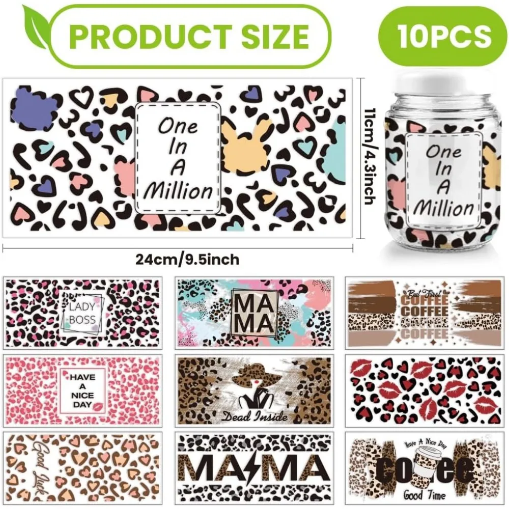 10 Pcs 10 Styles Cup Wrap Transfer Sticker, PVC Glass Cup Transfer Paper Leopard Print Rub on Transfers UV DTF Vintage Cup Wrap