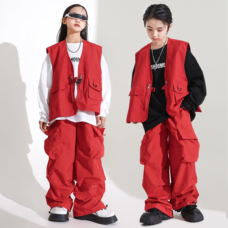 Kids Hip Hop Clothing Pink Oversize Vest Tops Streetwear Casual Pockets Cargo Pants for Girl Boy Jazz Dance Costume Clothes